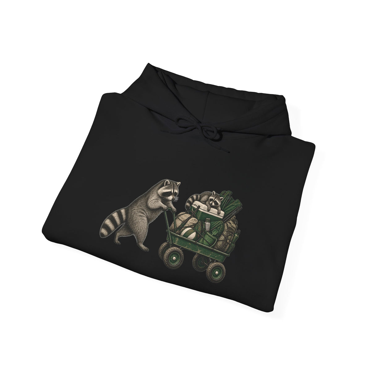 Hoodie — Playful Raccoon Pushing Vintage Golf Cart Graphic Hooded Sweatshirt
