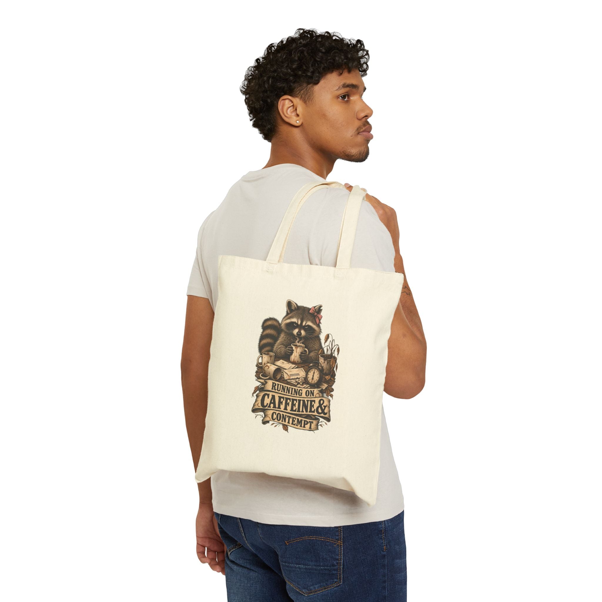 Raccoon "Running on Caffeine & Contempt" Canvas Tote