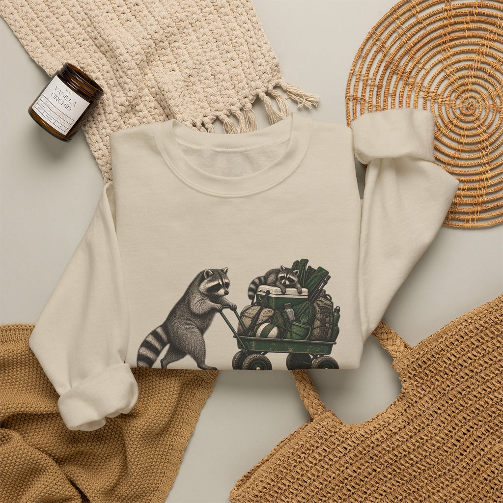 Raccoon Cart Crewneck Sweatshirt — Cute Woodland Animal Pullover