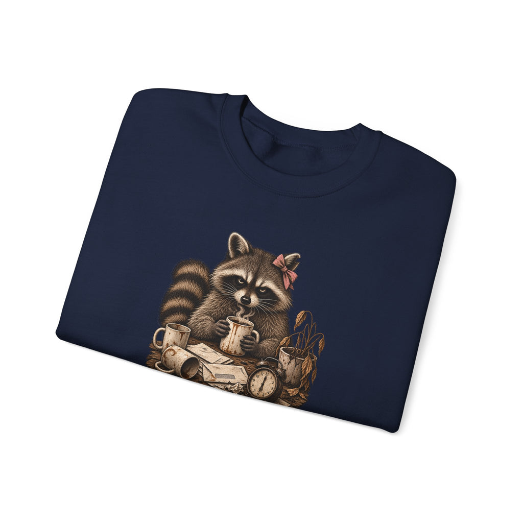 Crewneck Sweatshirt — 'Running on Caffeine & Contempt' Racoon Coffee Graphic