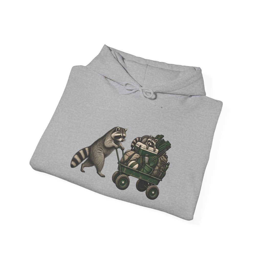 Hoodie — Playful Raccoon Pushing Vintage Golf Cart Graphic Hooded Sweatshirt