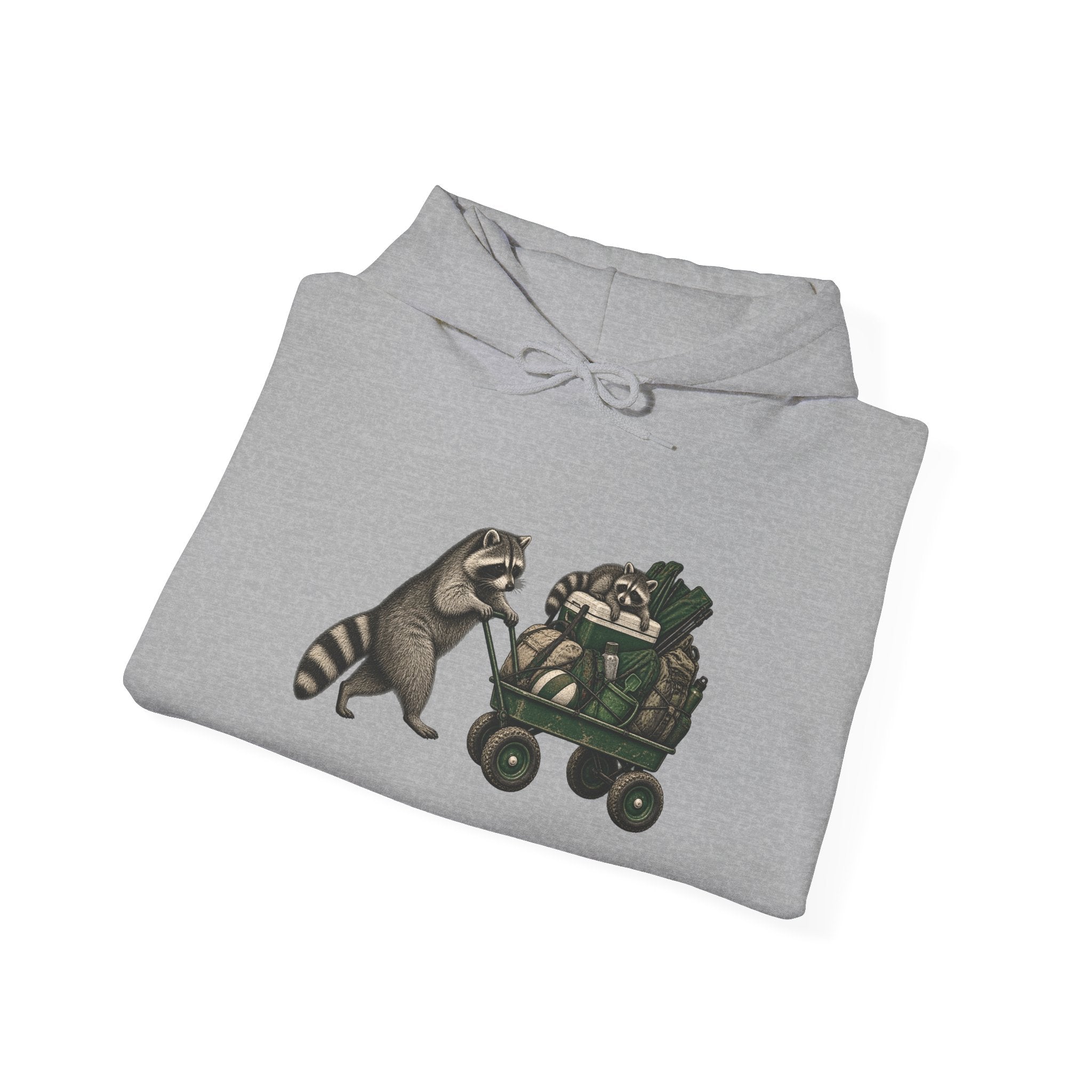 Hoodie — Playful Raccoon Pushing Vintage Golf Cart Graphic Hooded Sweatshirt