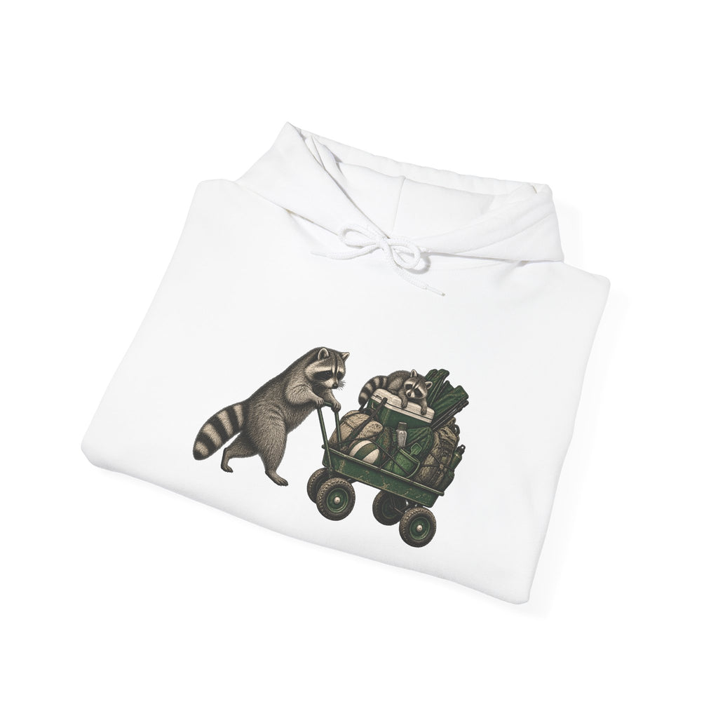 Hoodie — Playful Raccoon Pushing Vintage Golf Cart Graphic Hooded Sweatshirt