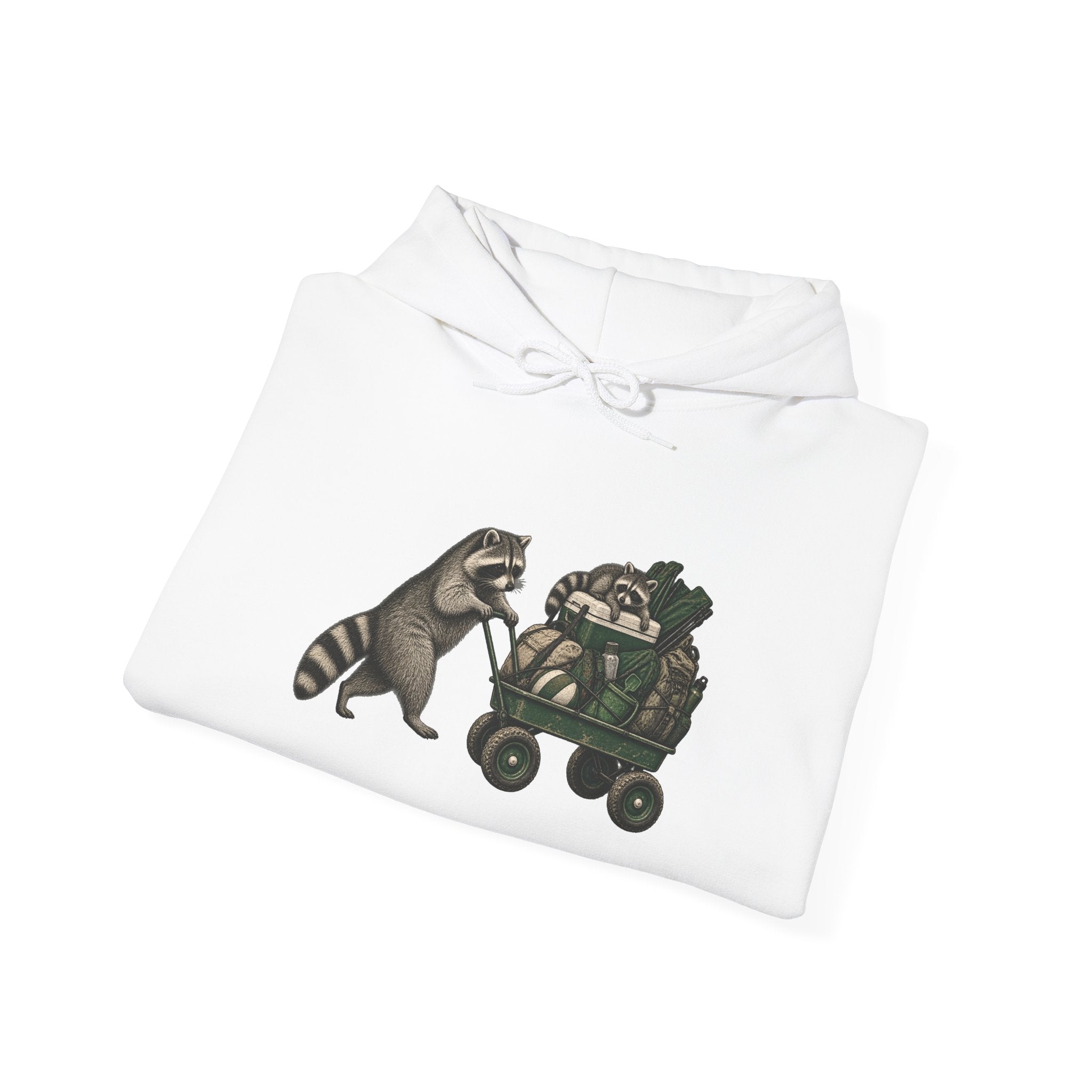 Hoodie — Playful Raccoon Pushing Vintage Golf Cart Graphic Hooded Sweatshirt
