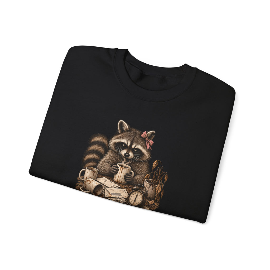 Crewneck Sweatshirt — 'Running on Caffeine & Contempt' Racoon Coffee Graphic