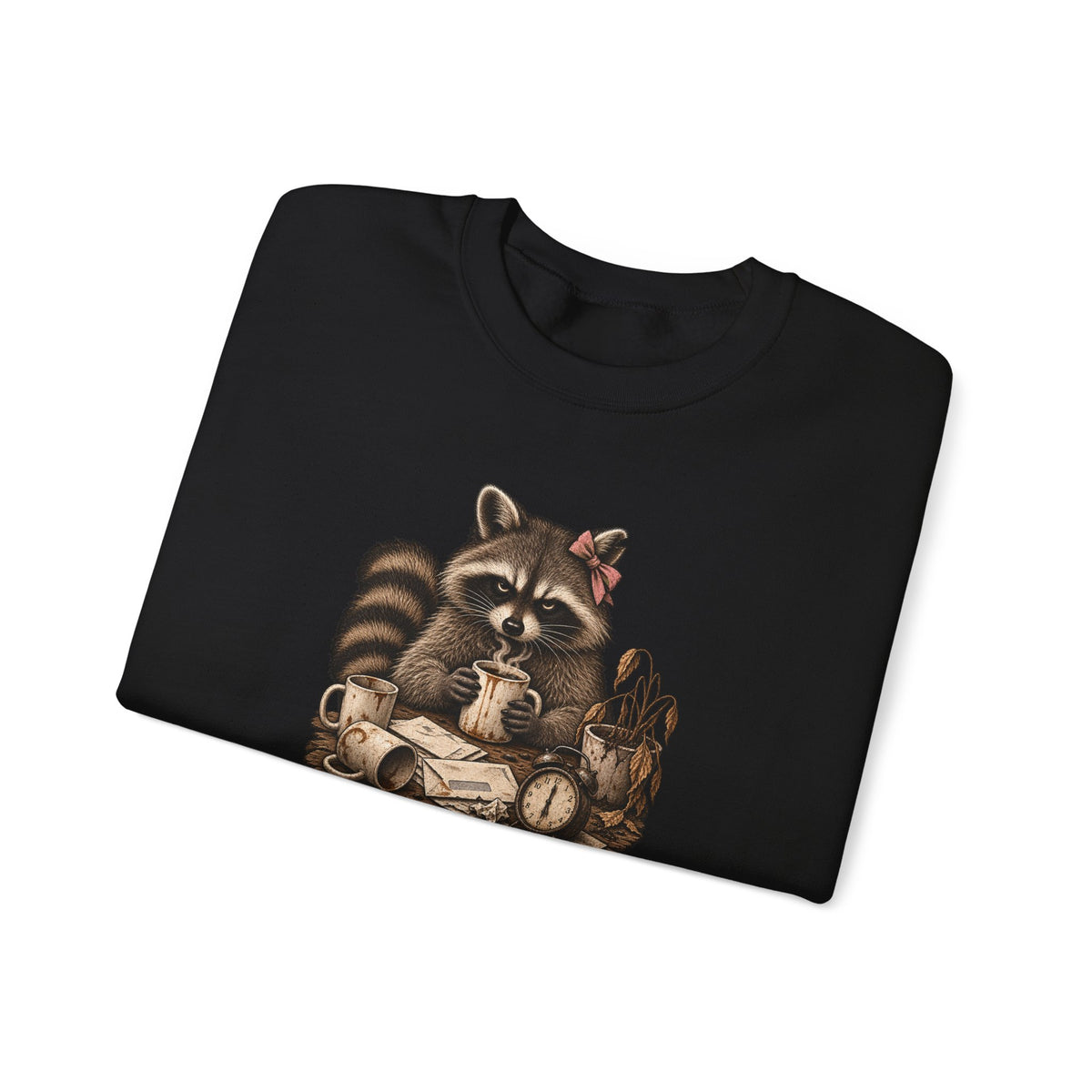 Crewneck Sweatshirt — 'Running on Caffeine & Contempt' Racoon Coffee Graphic