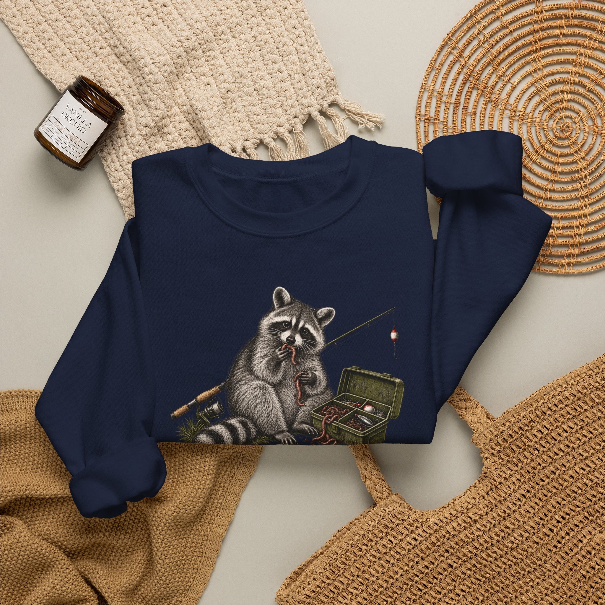 Bait Tester Sweatshirt — Funny Raccoon Fishing Crewneck for Anglers