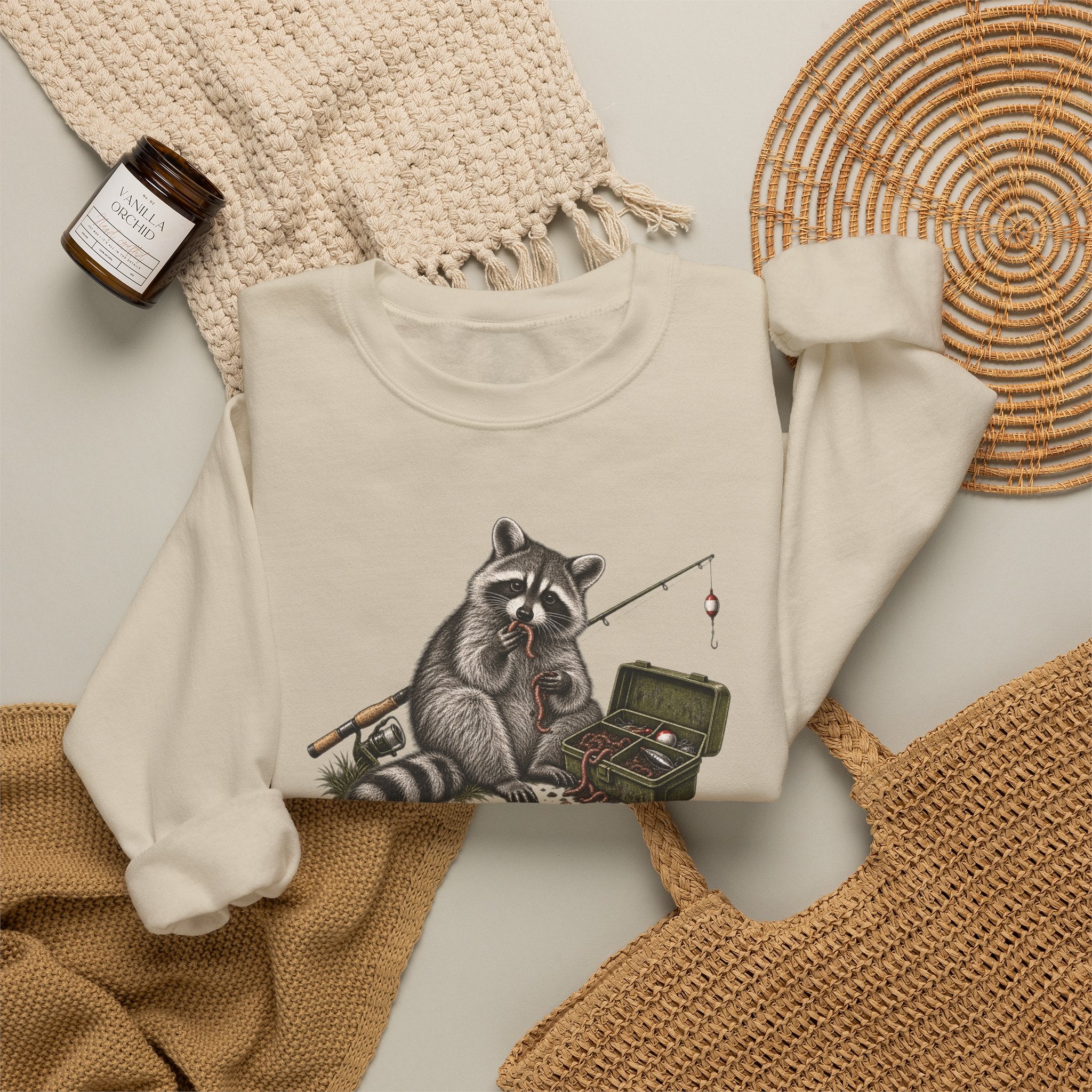 Bait Tester Sweatshirt — Funny Raccoon Fishing Crewneck for Anglers