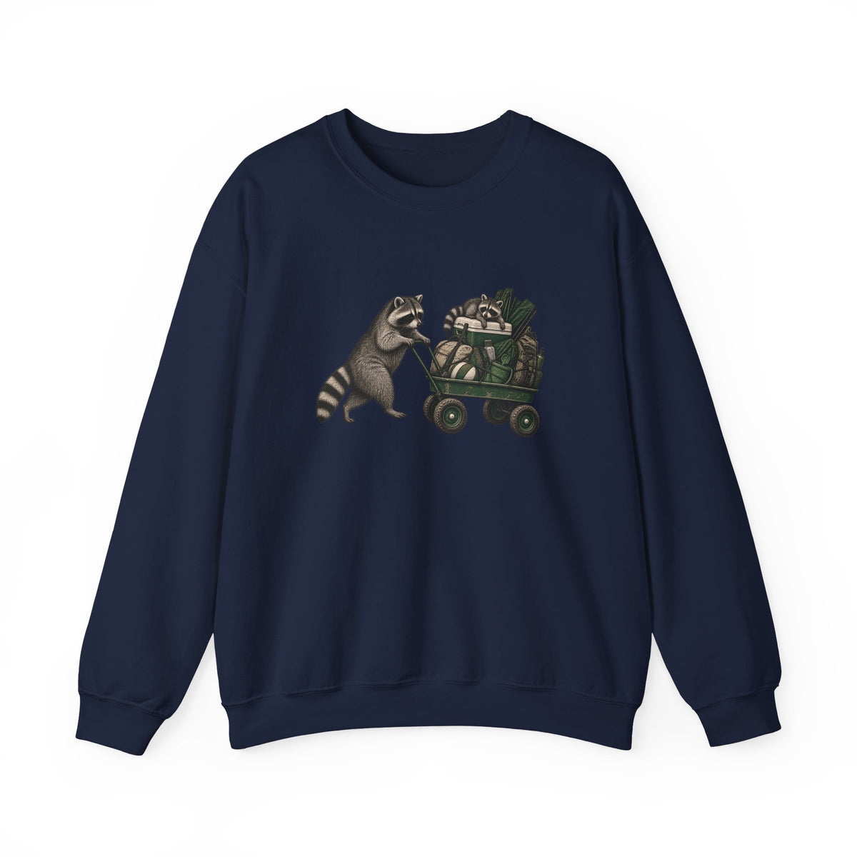 Raccoon Cart Crewneck Sweatshirt — Cute Woodland Animal Pullover