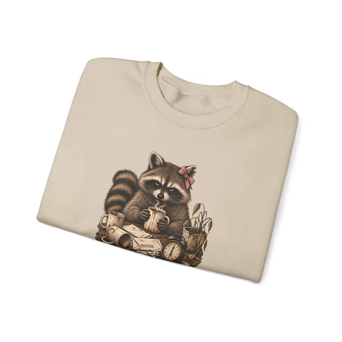 Crewneck Sweatshirt — 'Running on Caffeine & Contempt' Racoon Coffee Graphic