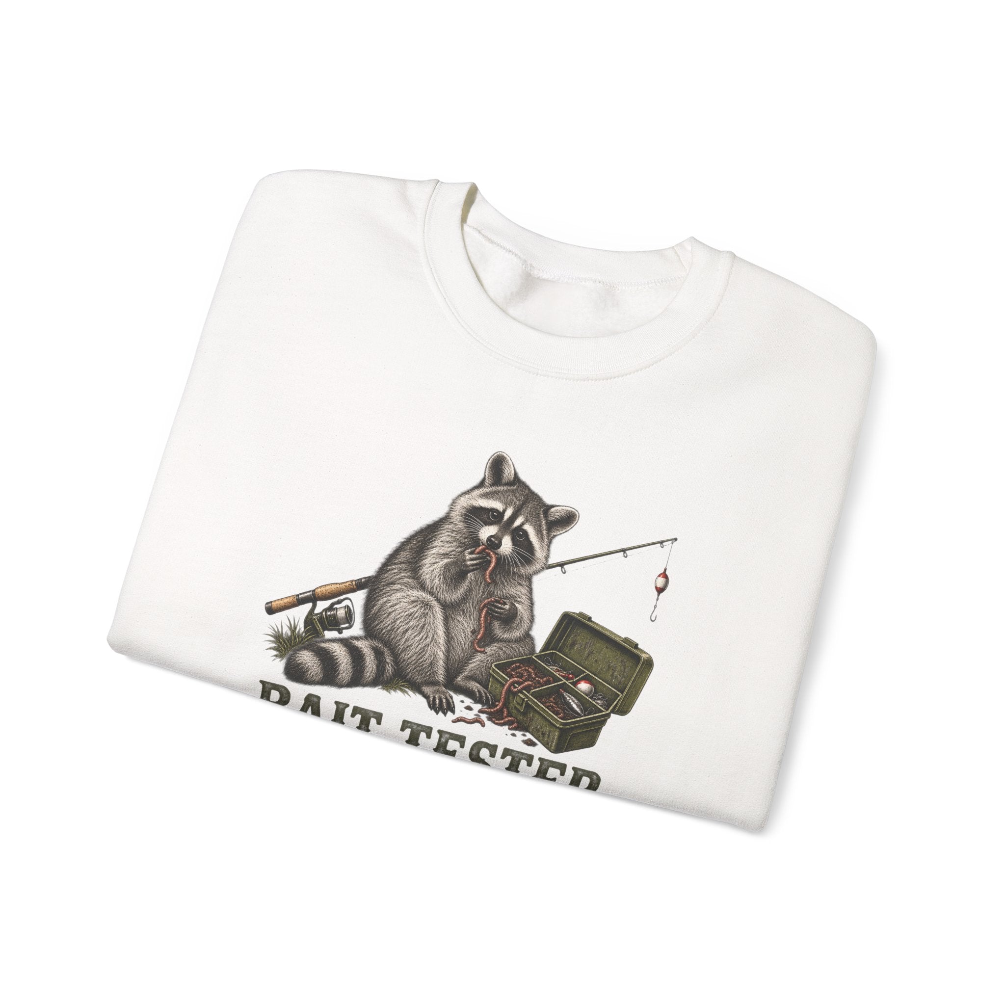 Bait Tester Sweatshirt — Funny Raccoon Fishing Crewneck for Anglers