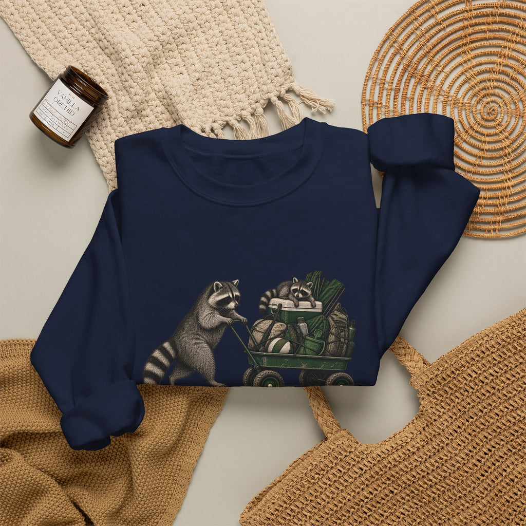 Raccoon Cart Crewneck Sweatshirt — Cute Woodland Animal Pullover