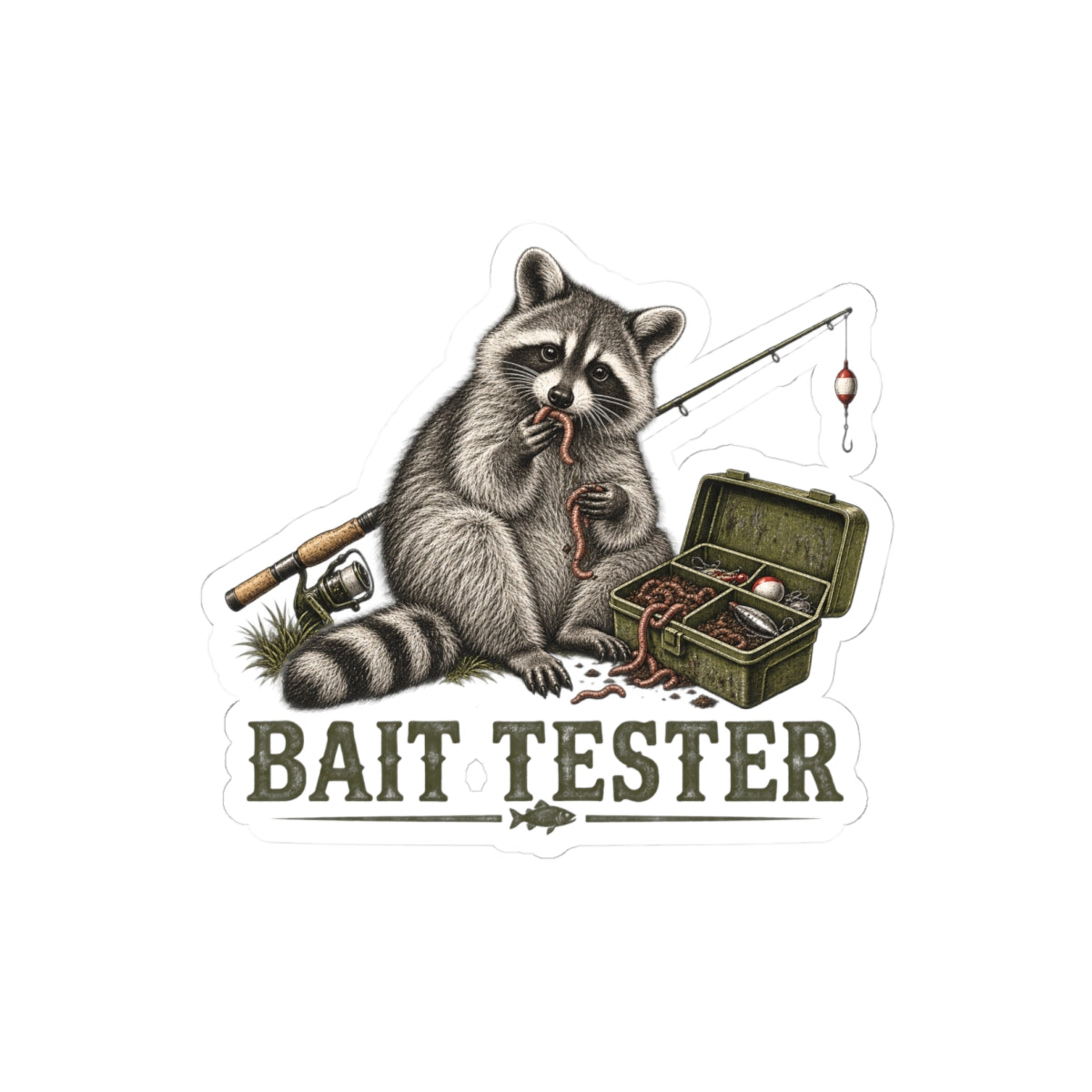 Bait Tester Raccoon Sticker — Fishing Kiss-Cut Decal