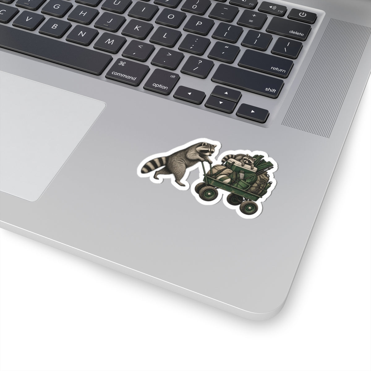 Raccoon Wagon Kiss-Cut Sticker — Cute Camping & Nature Laptop Decal