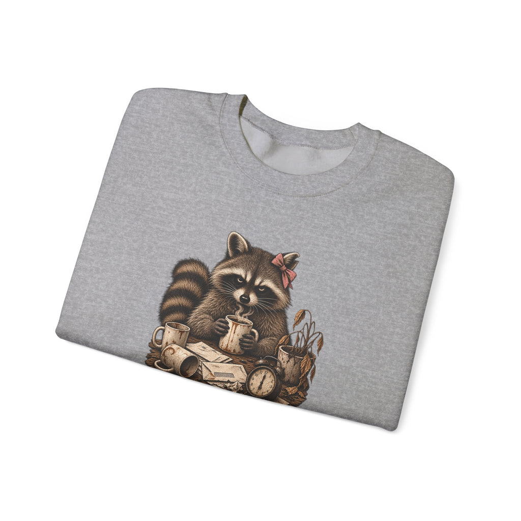 Crewneck Sweatshirt — 'Running on Caffeine & Contempt' Racoon Coffee Graphic