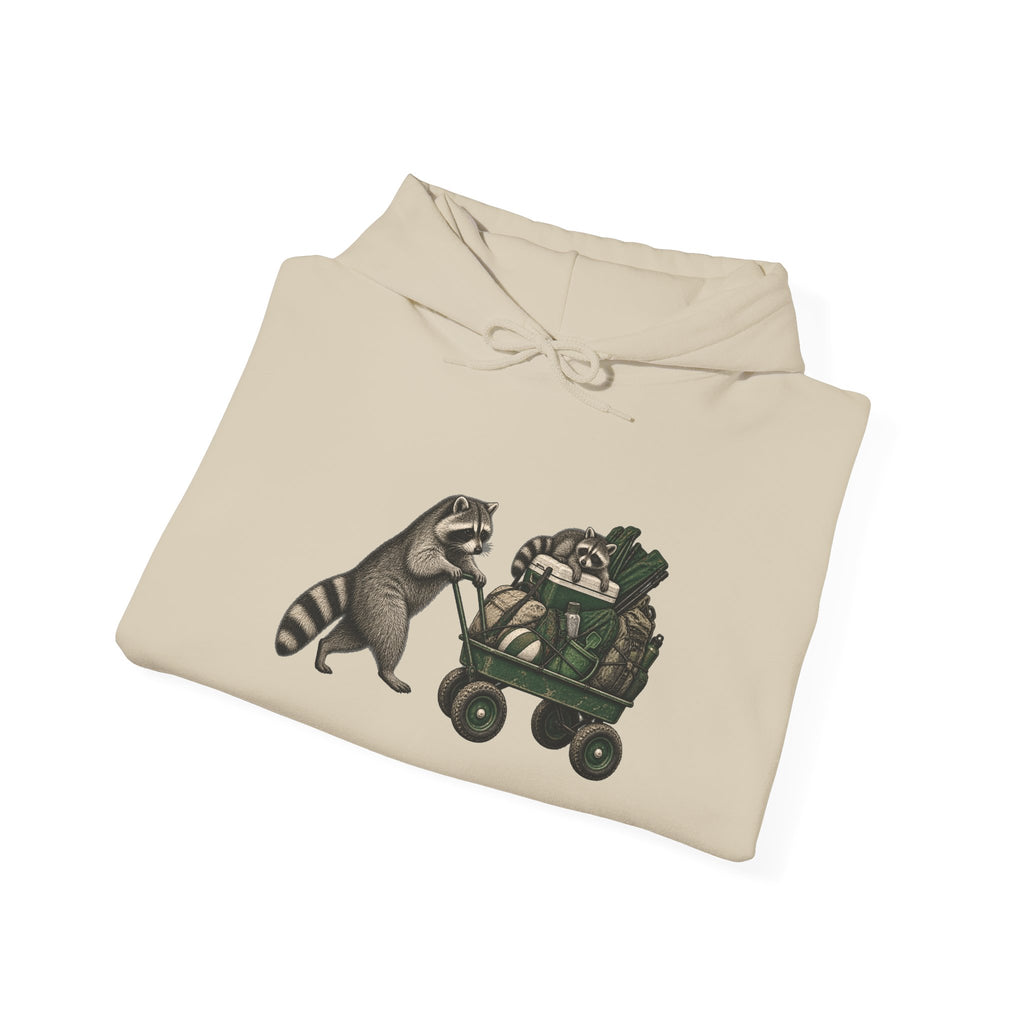 Hoodie — Playful Raccoon Pushing Vintage Golf Cart Graphic Hooded Sweatshirt