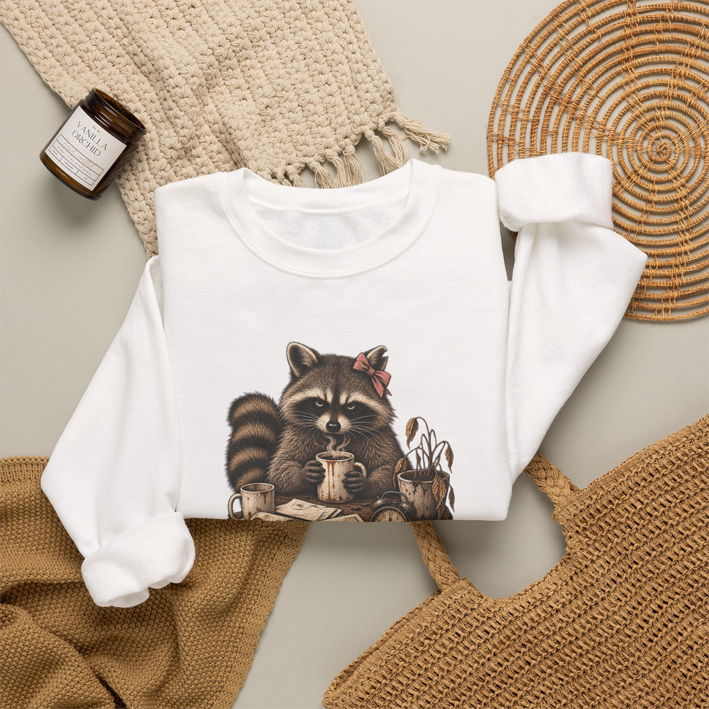 Crewneck Sweatshirt — 'Running on Caffeine & Contempt' Racoon Coffee Graphic