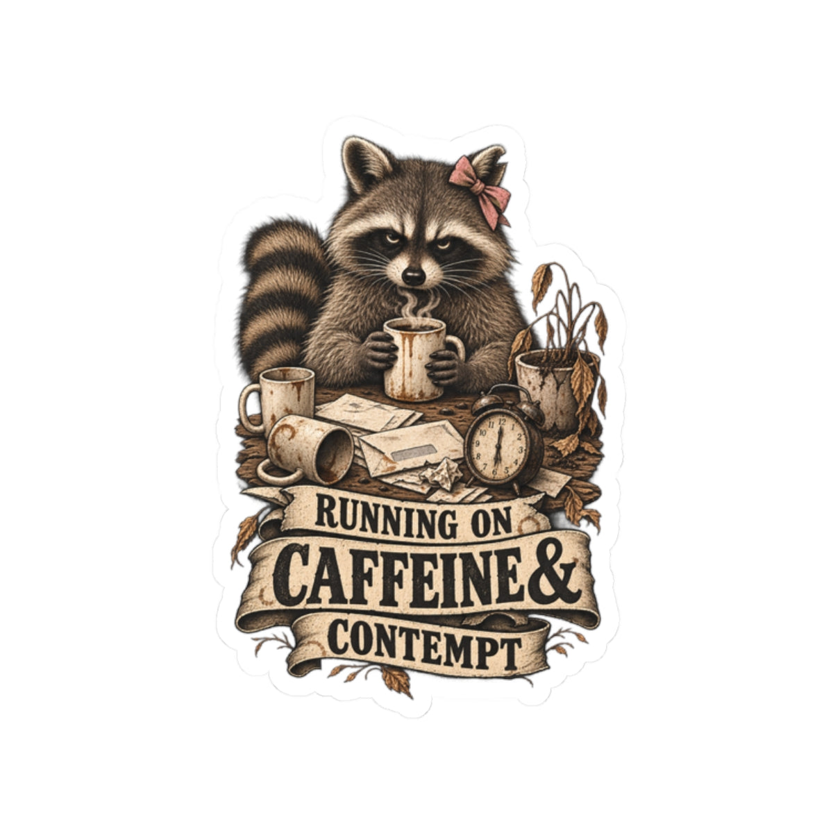 Running on Caffeine & Contempt Raccoon Sticker