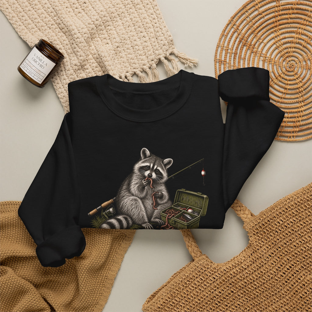 Bait Tester Sweatshirt — Funny Raccoon Fishing Crewneck for Anglers