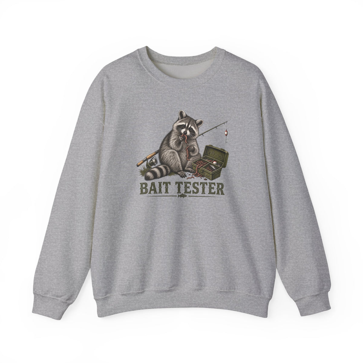 Bait Tester Sweatshirt — Funny Raccoon Fishing Crewneck for Anglers