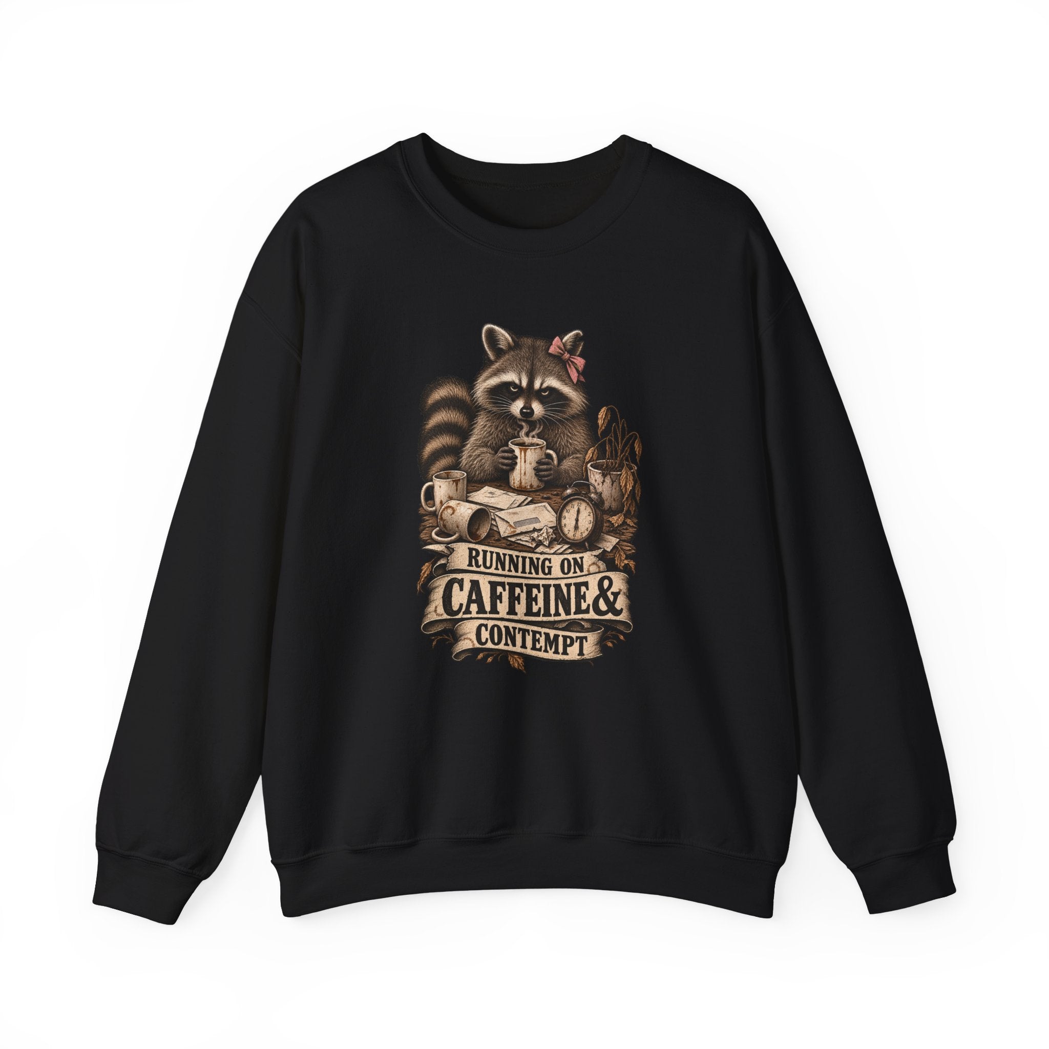 Crewneck Sweatshirt — 'Running on Caffeine & Contempt' Racoon Coffee Graphic