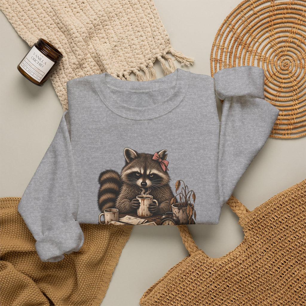 Crewneck Sweatshirt — 'Running on Caffeine & Contempt' Racoon Coffee Graphic