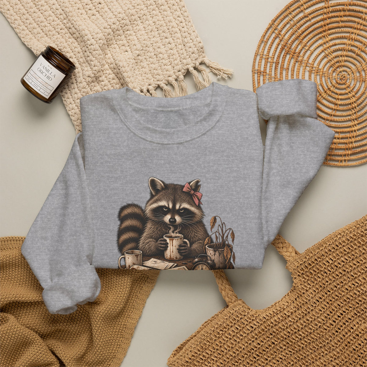 Crewneck Sweatshirt — 'Running on Caffeine & Contempt' Racoon Coffee Graphic