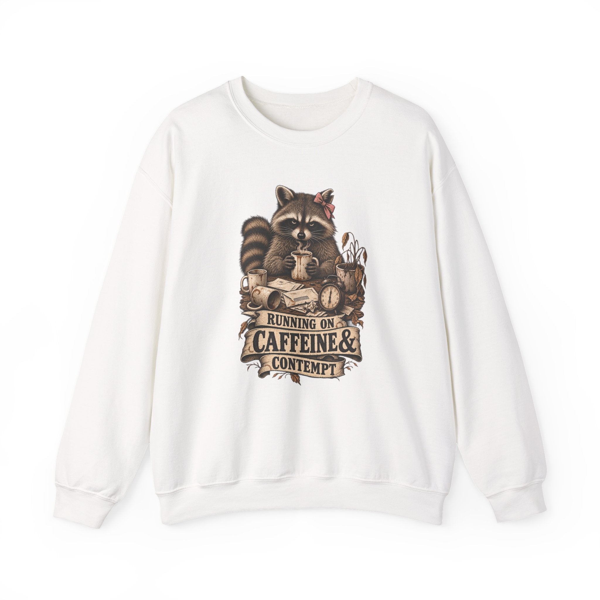 Crewneck Sweatshirt — 'Running on Caffeine & Contempt' Racoon Coffee Graphic