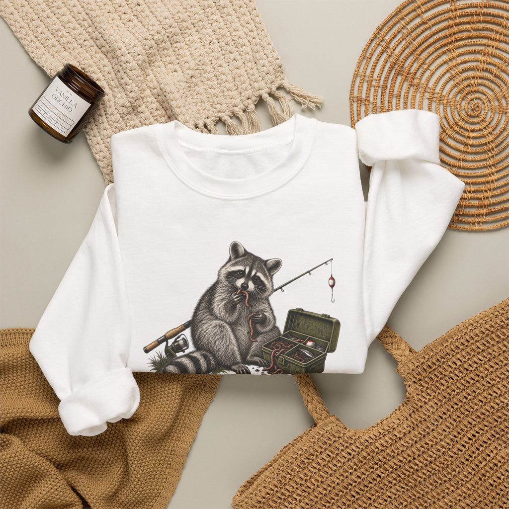 Bait Tester Sweatshirt — Funny Raccoon Fishing Crewneck for Anglers
