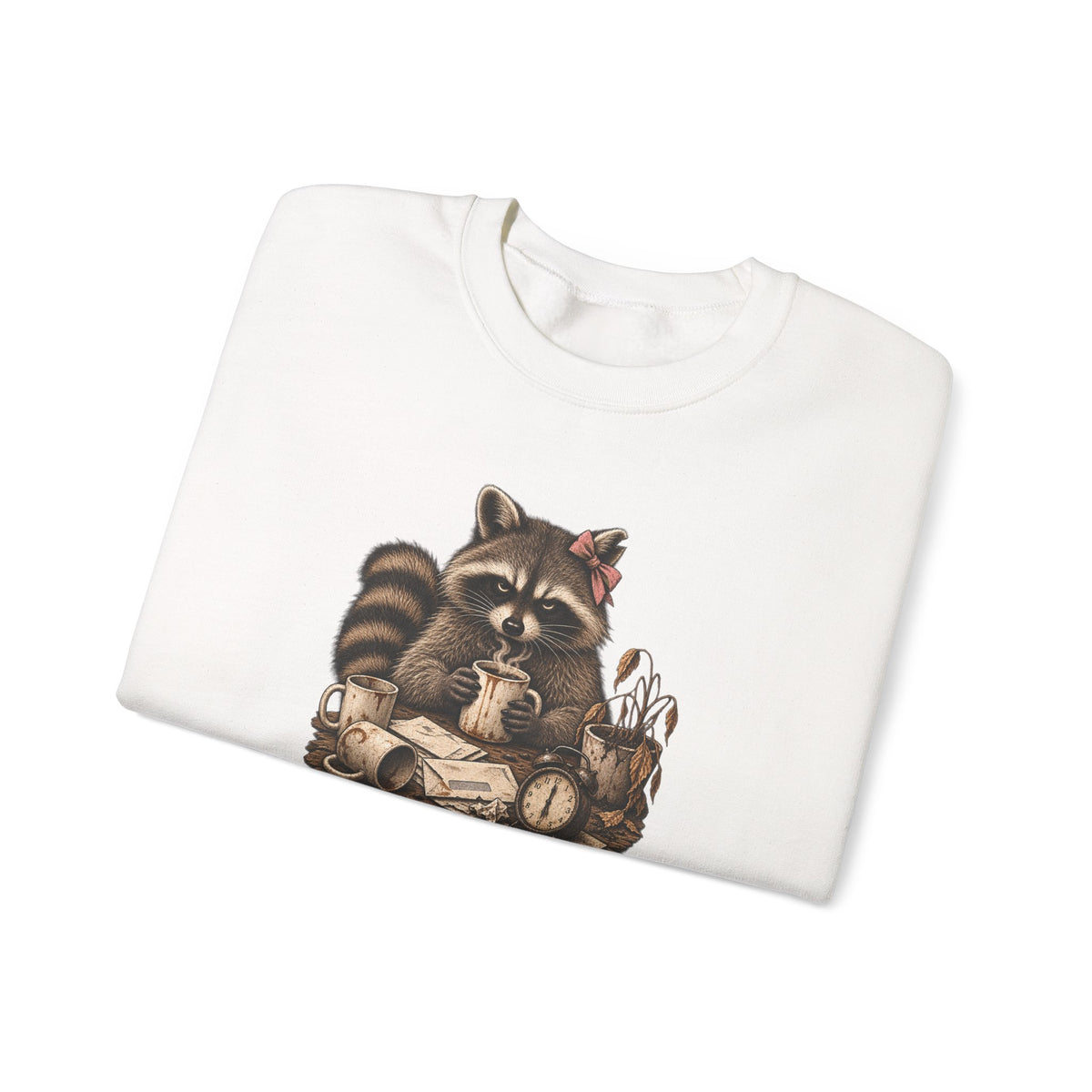 Crewneck Sweatshirt — 'Running on Caffeine & Contempt' Racoon Coffee Graphic