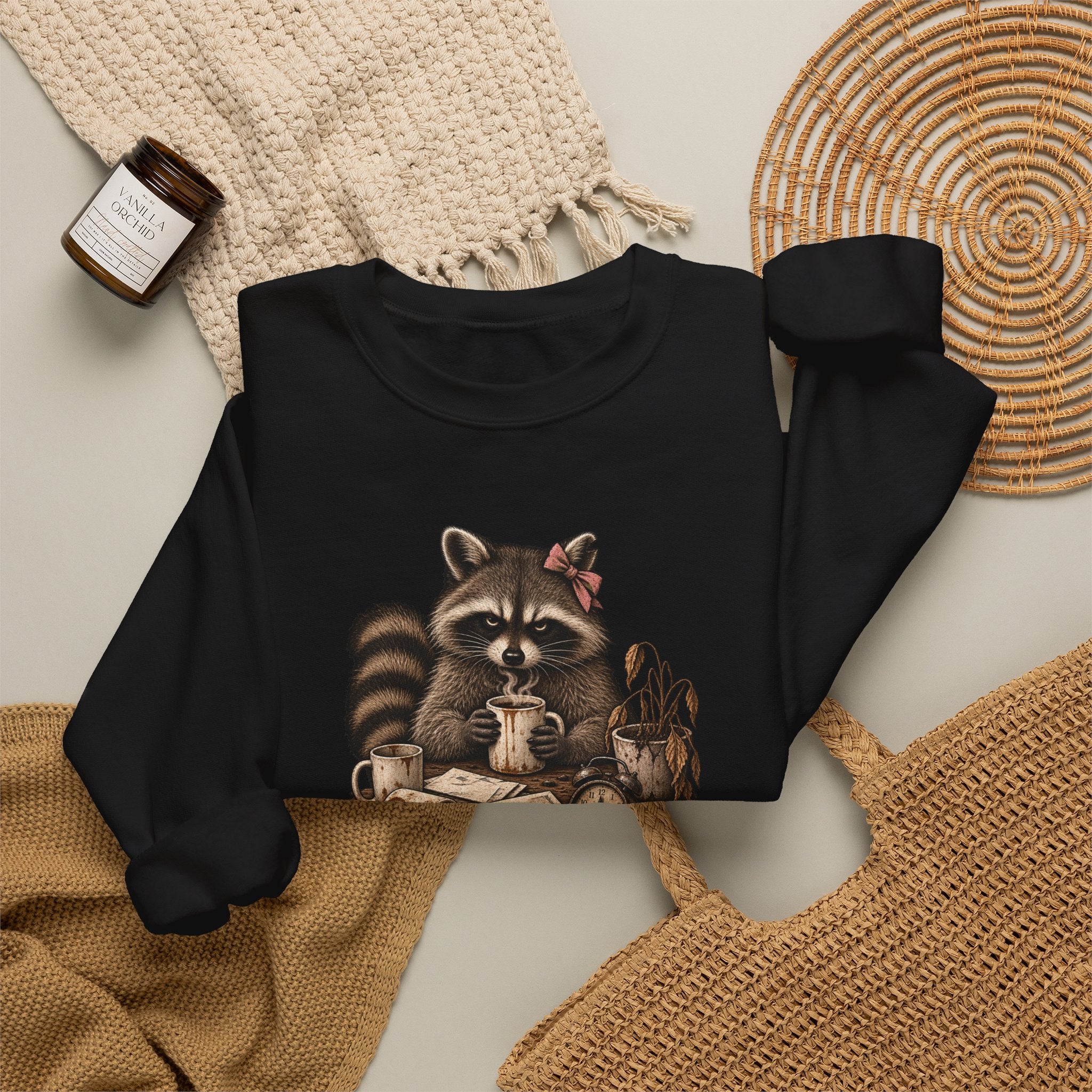 Crewneck Sweatshirt — 'Running on Caffeine & Contempt' Racoon Coffee Graphic