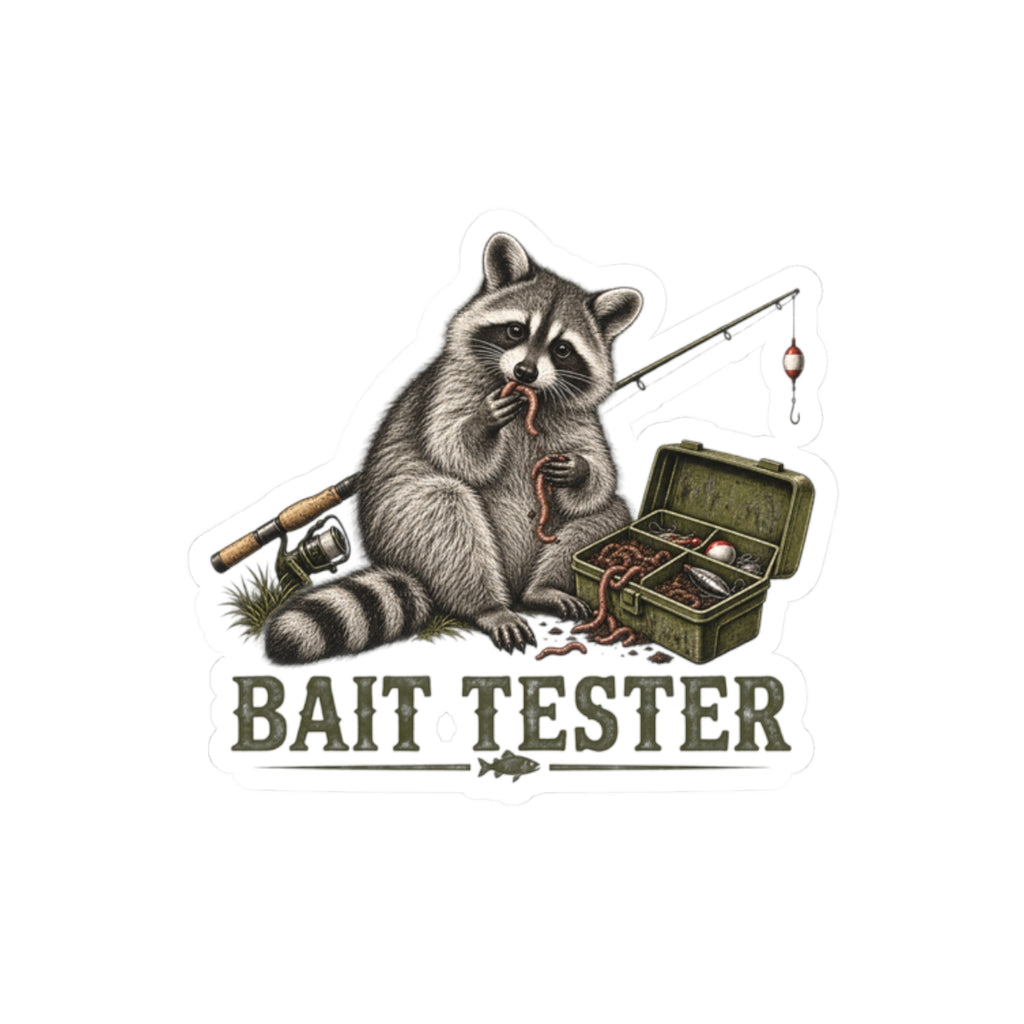 Bait Tester Raccoon Sticker — Fishing Kiss-Cut Decal