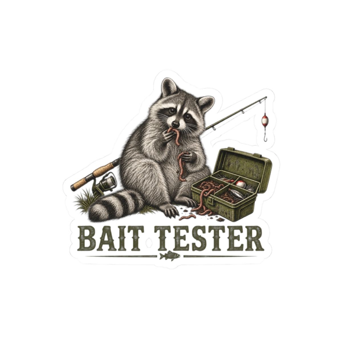 Bait Tester Raccoon Sticker — Fishing Kiss-Cut Decal