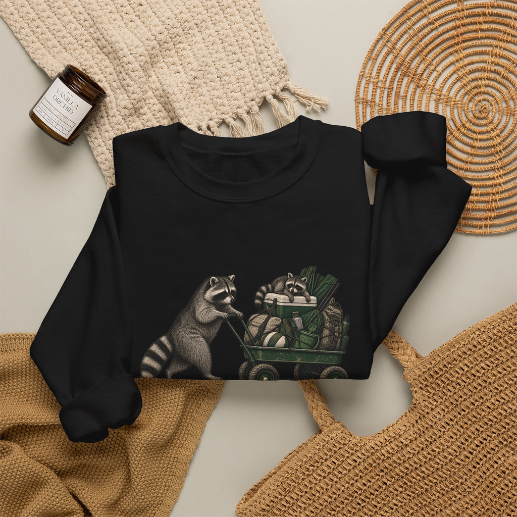 Raccoon Cart Crewneck Sweatshirt — Cute Woodland Animal Pullover