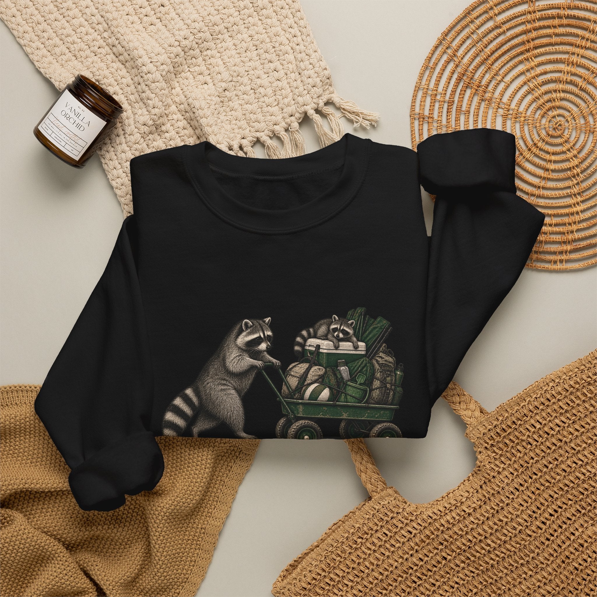 Raccoon Cart Crewneck Sweatshirt — Cute Woodland Animal Pullover
