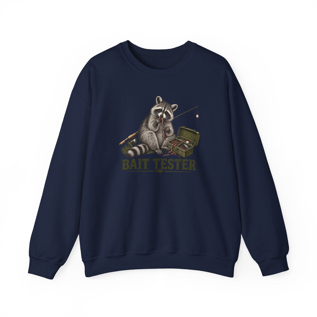 Bait Tester Sweatshirt — Funny Raccoon Fishing Crewneck for Anglers