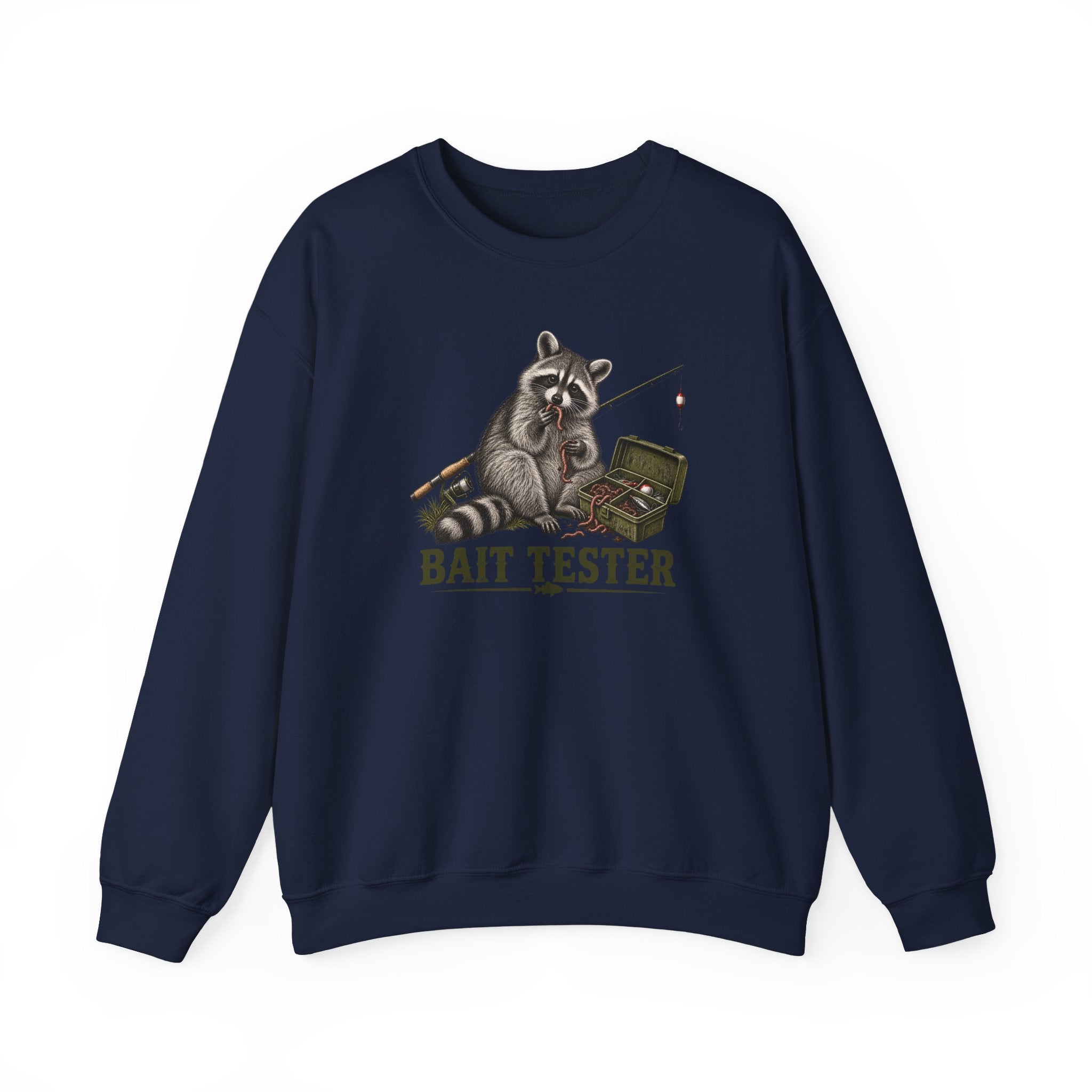 Bait Tester Sweatshirt — Funny Raccoon Fishing Crewneck for Anglers