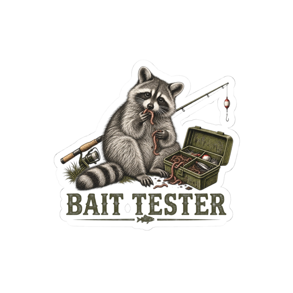 Bait Tester Raccoon Sticker — Fishing Kiss-Cut Decal