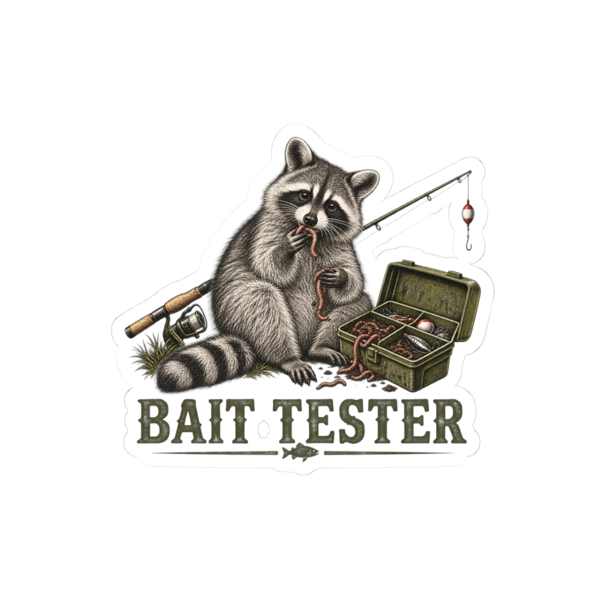 Bait Tester Raccoon Sticker — Fishing Kiss-Cut Decal