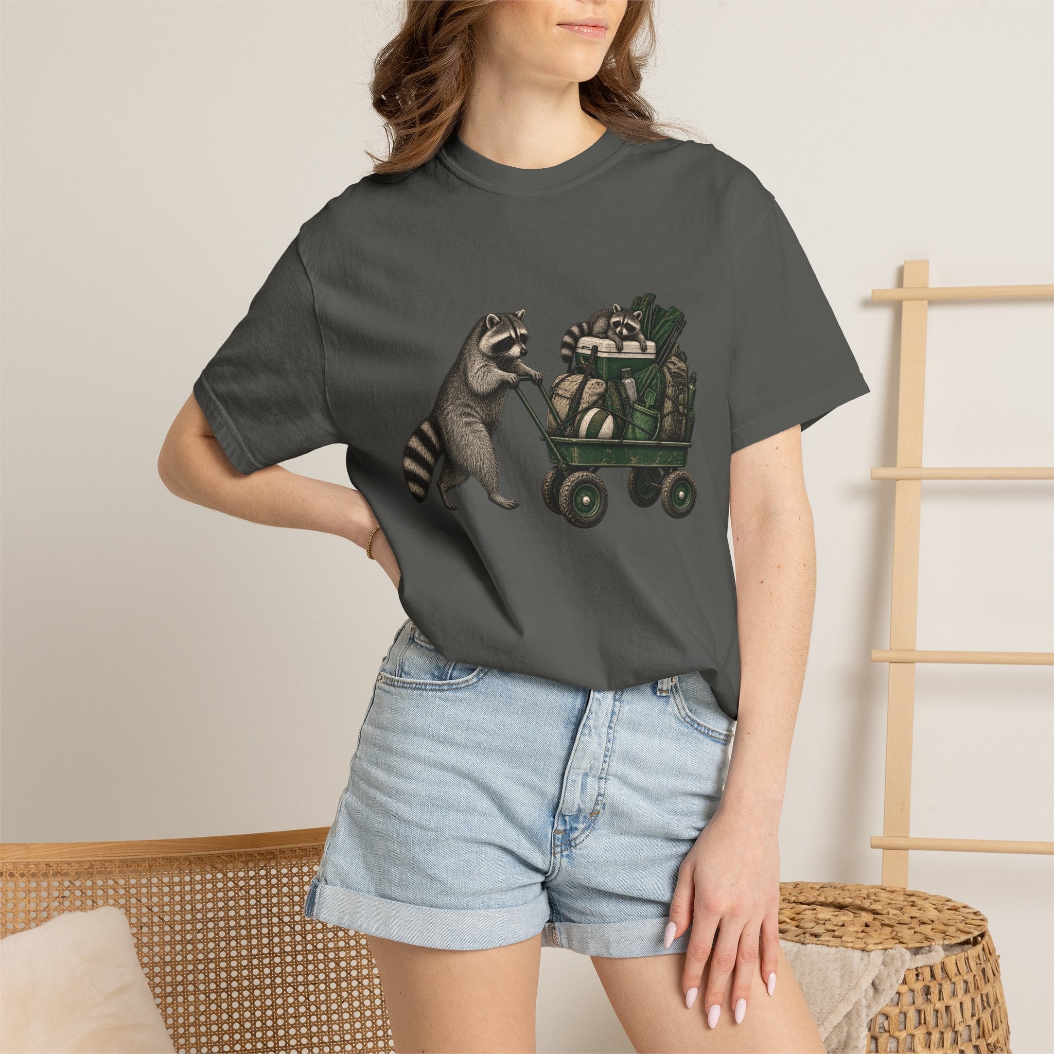 Raccoon Wagon T-Shirt – Cute Raccoon Pulling Wagon Graphic Tee