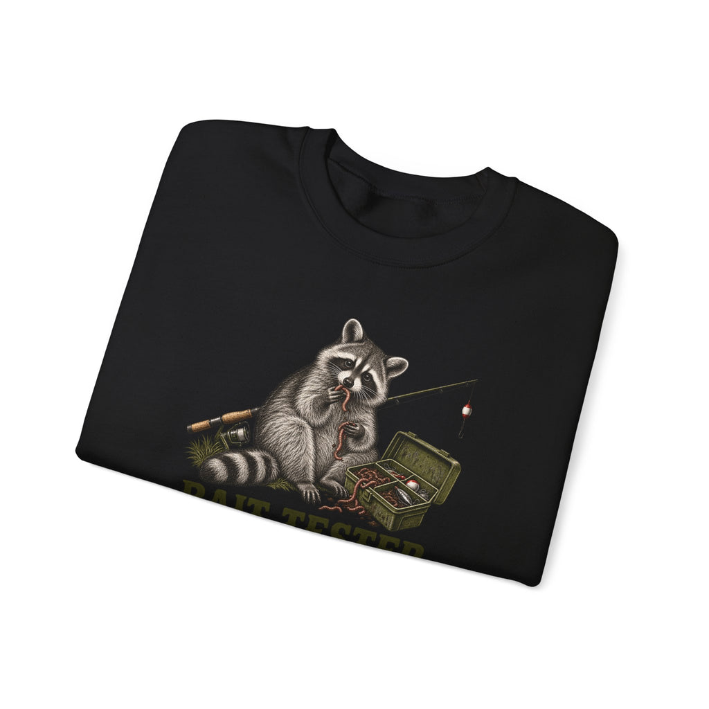 Bait Tester Sweatshirt — Funny Raccoon Fishing Crewneck for Anglers