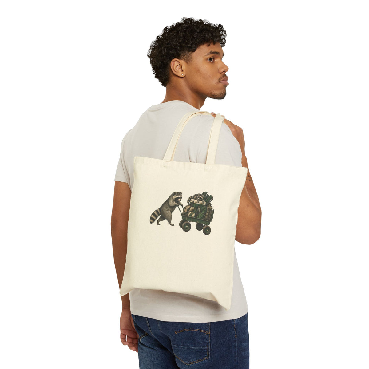 Canvas Tote — Raccoon Pulling Wagon with Plants Eco Shopper