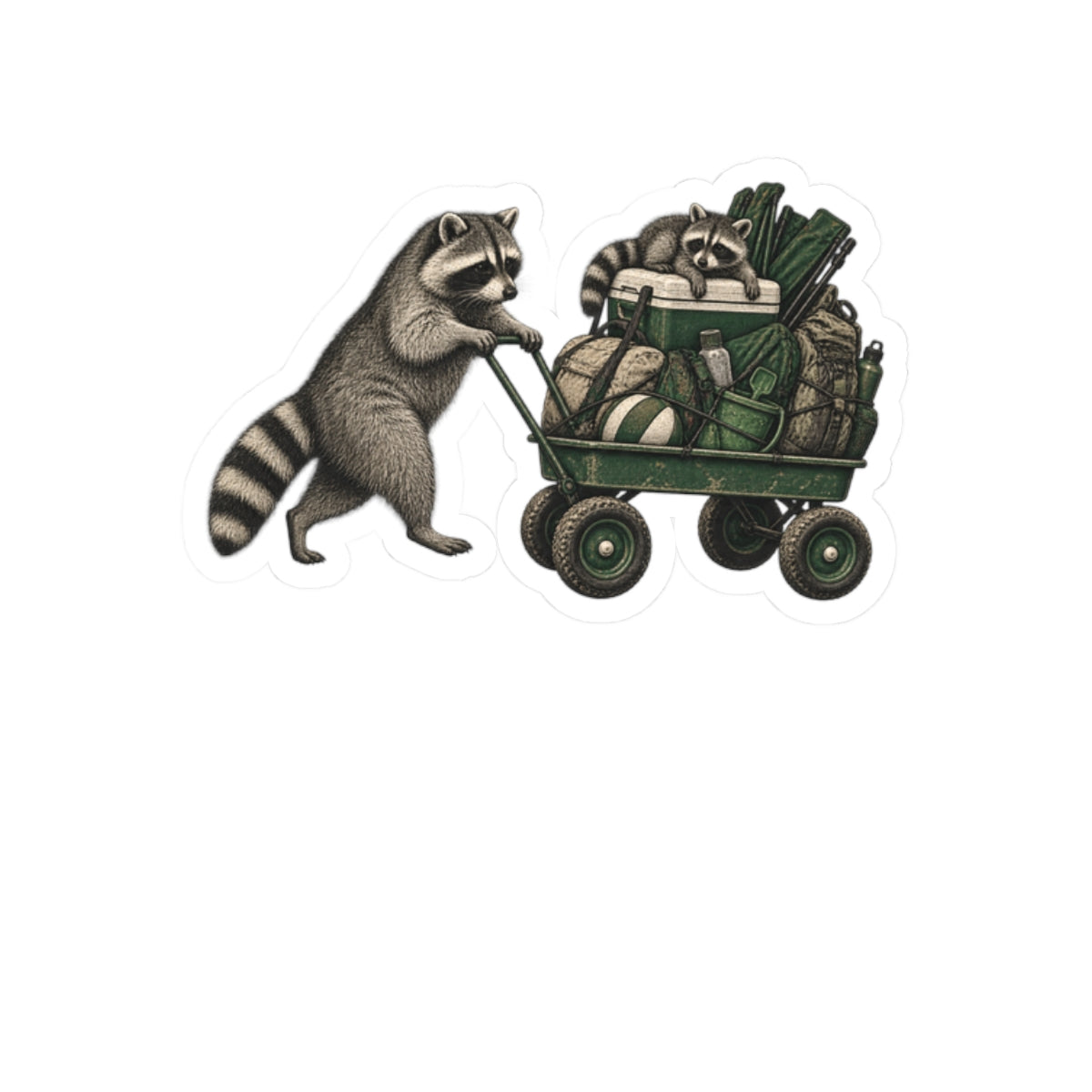 Raccoon Wagon Kiss-Cut Sticker — Cute Camping & Nature Laptop Decal