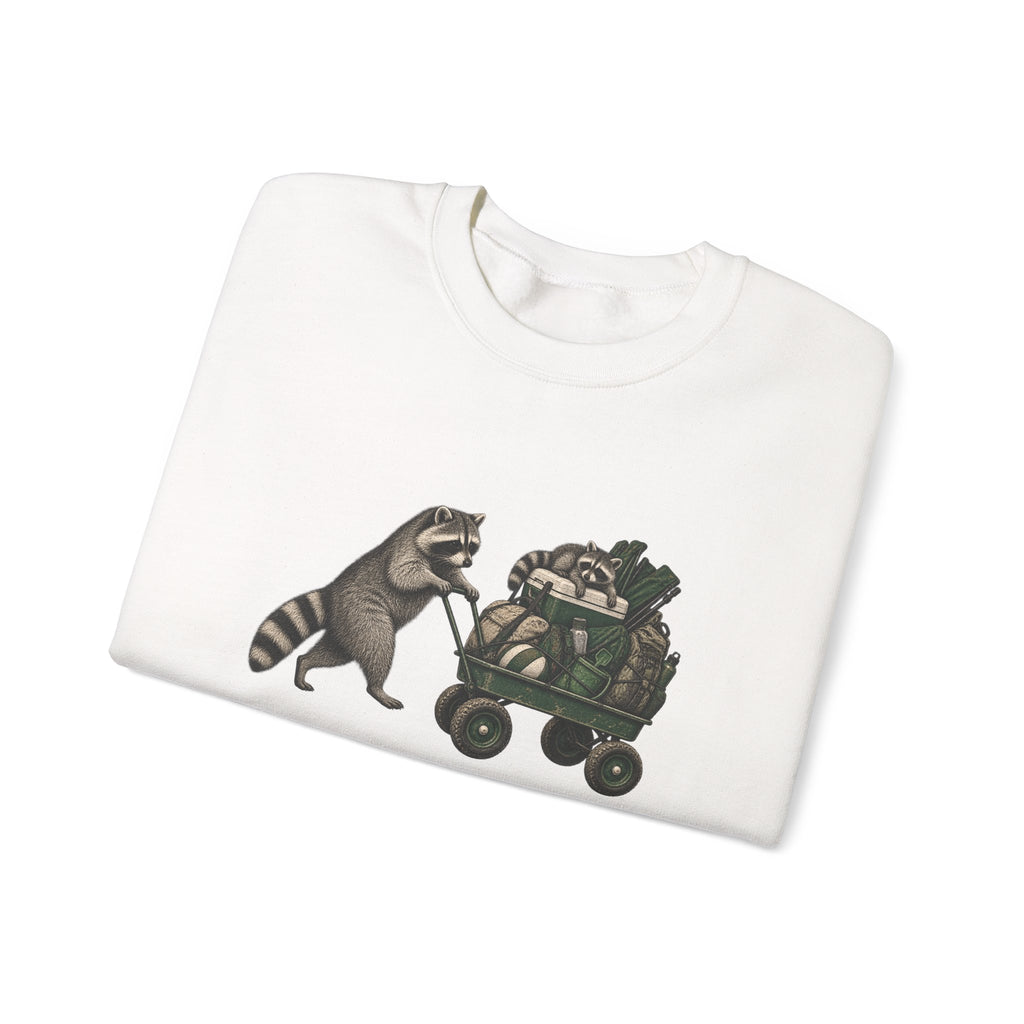 Raccoon Cart Crewneck Sweatshirt — Cute Woodland Animal Pullover