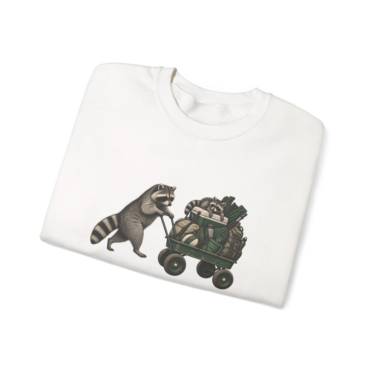 Raccoon Cart Crewneck Sweatshirt — Cute Woodland Animal Pullover