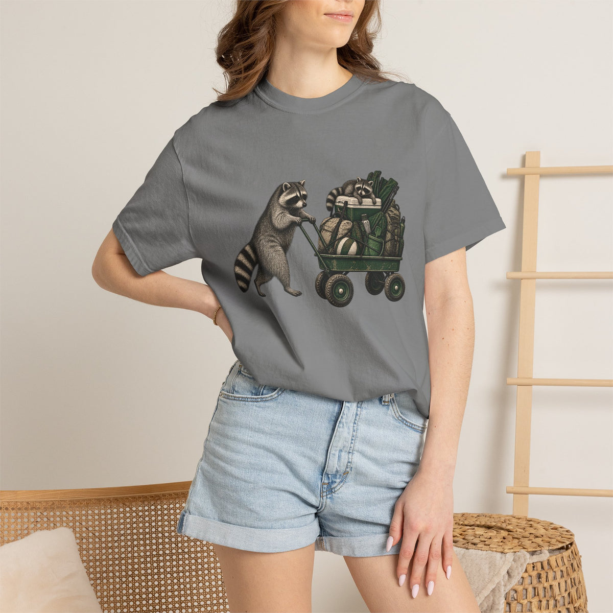 Raccoon Wagon T-Shirt – Cute Raccoon Pulling Wagon Graphic Tee
