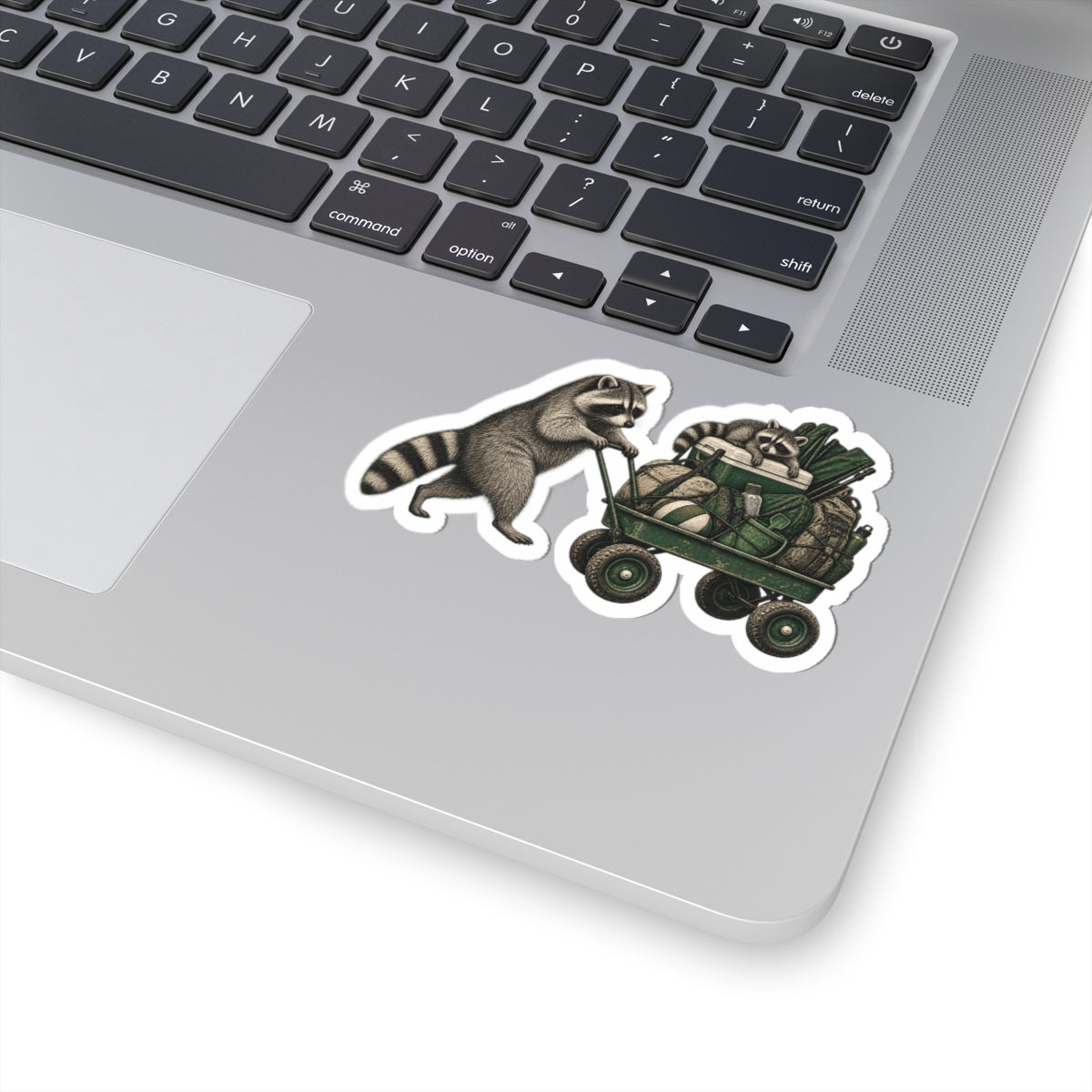 Raccoon Wagon Kiss-Cut Sticker — Cute Camping & Nature Laptop Decal
