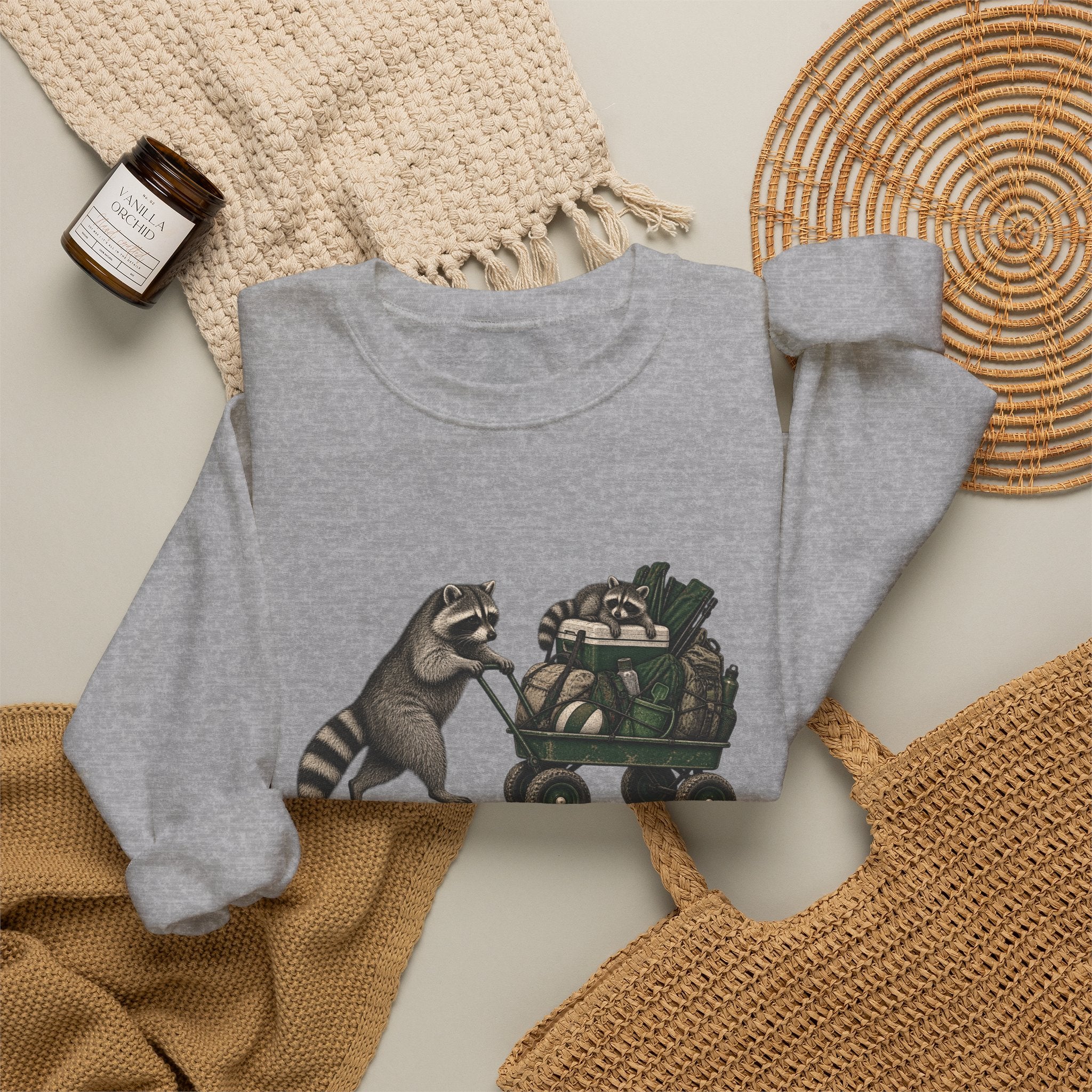 Raccoon Cart Crewneck Sweatshirt — Cute Woodland Animal Pullover