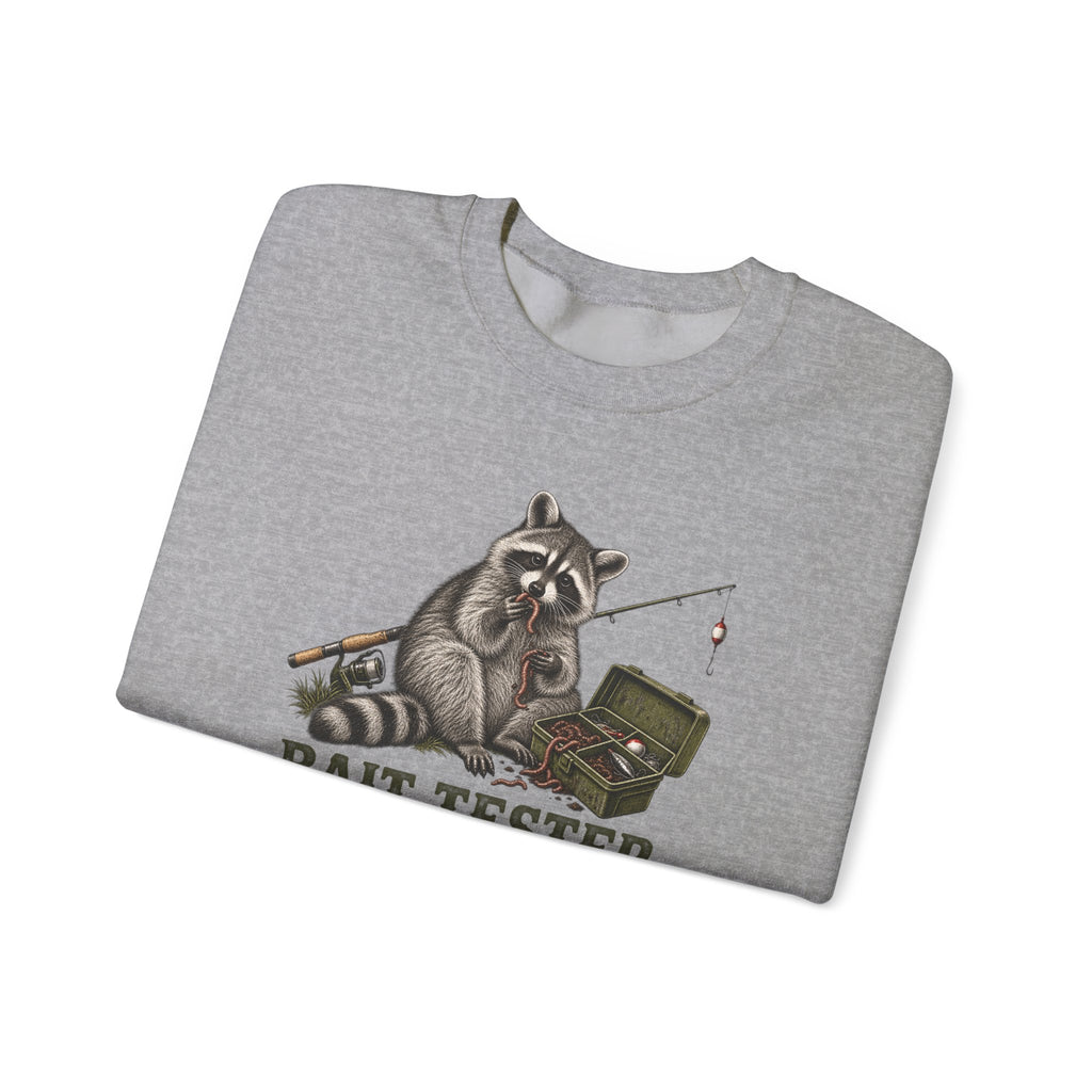 Bait Tester Sweatshirt — Funny Raccoon Fishing Crewneck for Anglers