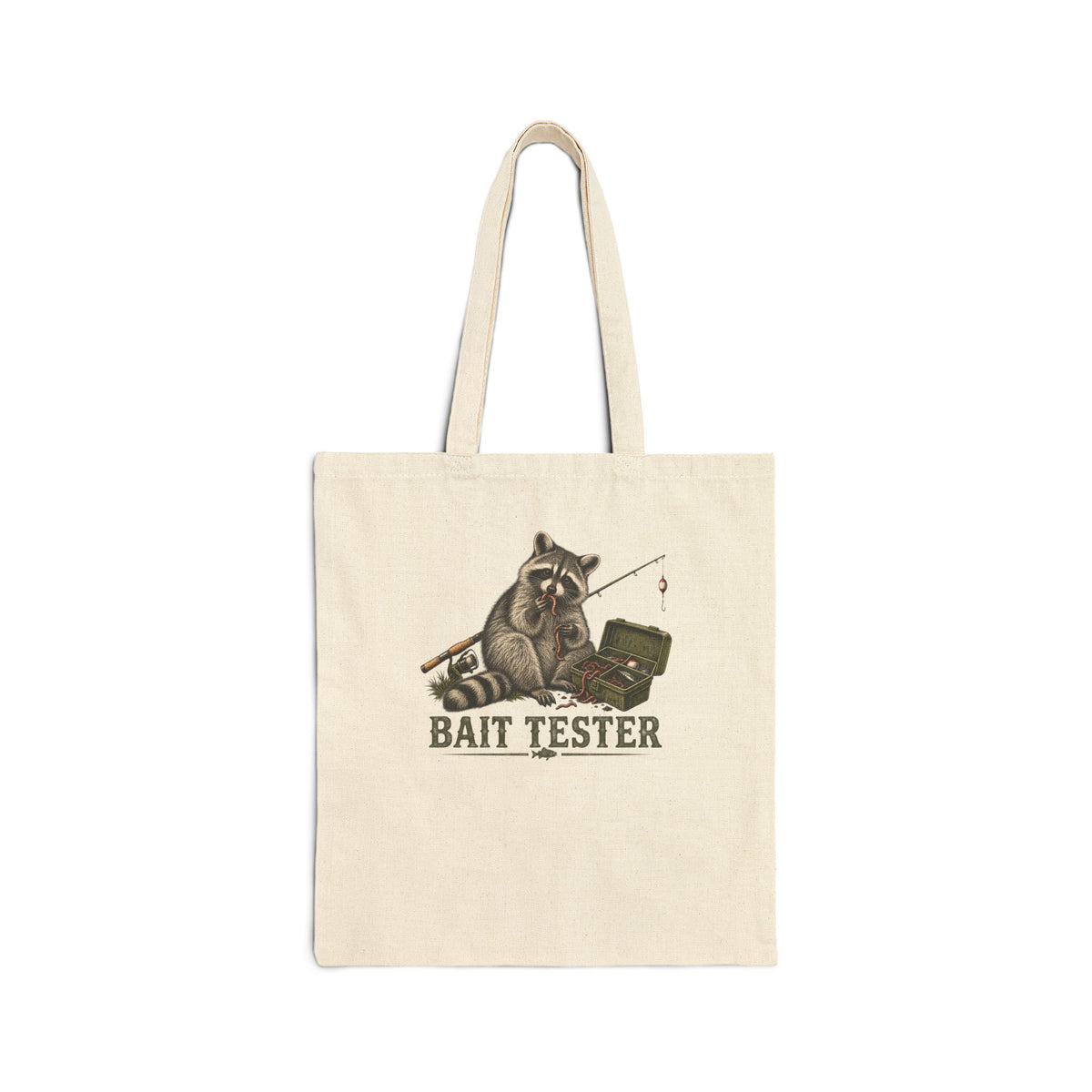 Bait Tester Tote Bag – Funny Fishing Raccoon Canvas Tote for Anglers